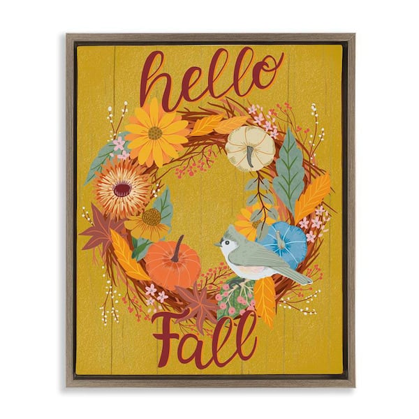 Stupell Industries Hello Fall Bird Wreath by Jo Reid Brown Floater Frame Animal Graphic Art Print 21 in. x 17 in.
