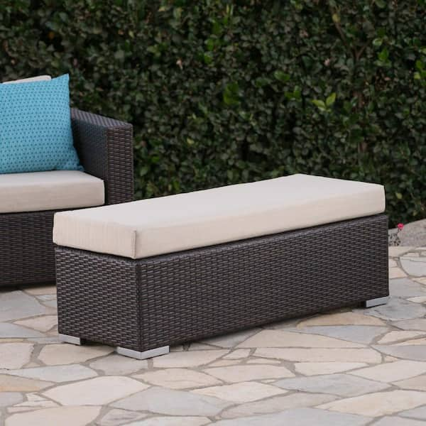 wicker outdoor bench with cushion