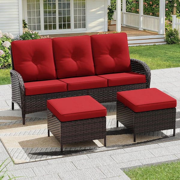 3-Piece Dark Brown Wicker Outdoor Couch Patio Sofa Set with Ottomans and Red Cushions