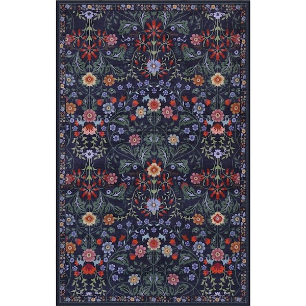 Primrose Art Nouveau Floral Border Machine-Washable Green/Pink 4 ft. x 6 ft. Area Rug