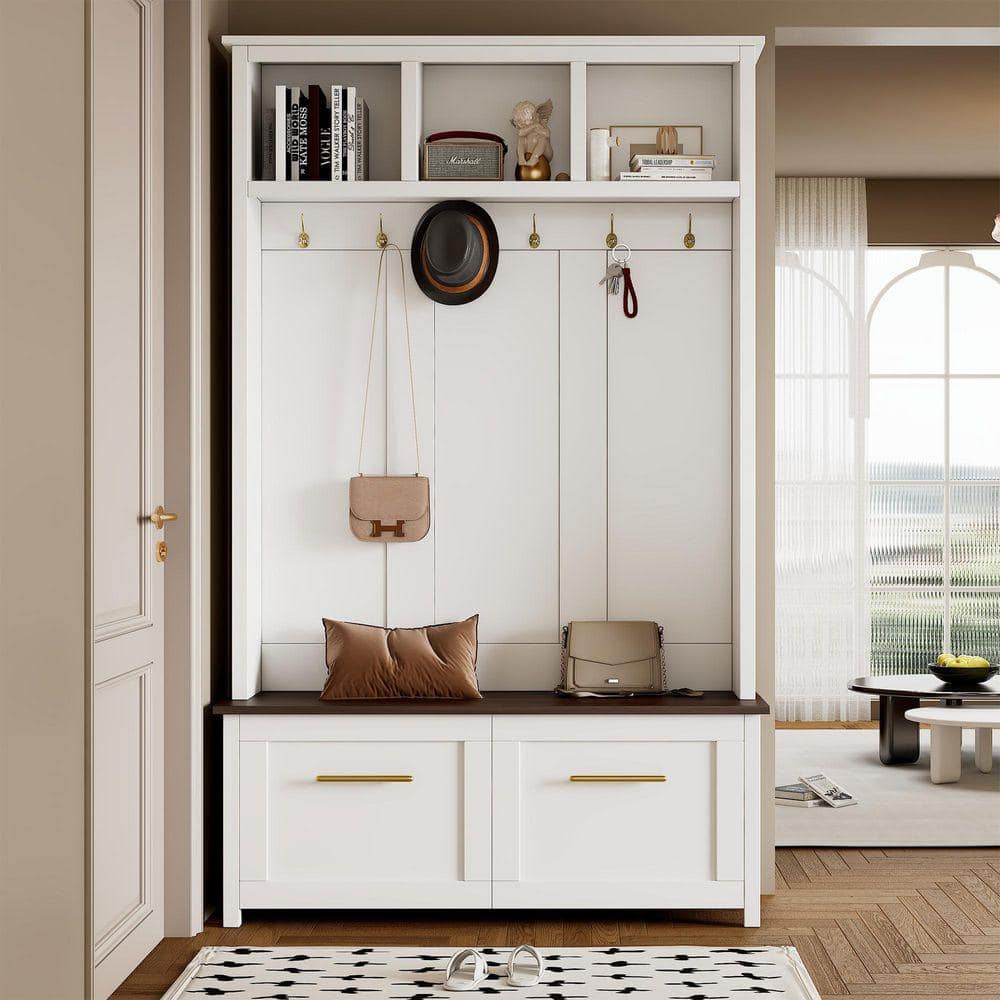 〆1/31 WHITE_WOOD_BENCH #1 76.6 in. 4-in-1 White Wood Hall Tree w/ Bench, Entryway Coat Rack