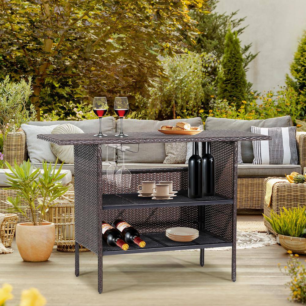 Brown Steel and Wicker Outdoor Bar Table with Shelves