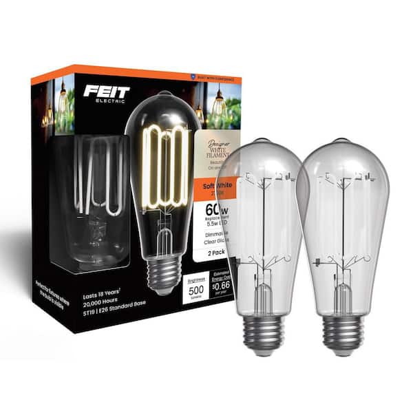 60W Equiv. ST19 Dim. White Wound Fil. Clear Glass E26 Vintage Edison Straight Tapered LED Light Bulb Soft White (2-Pack)