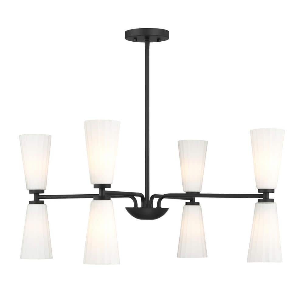 Meridian 32 in. W x 14.5 in. H 8-Light Matte Black Contemporary Chandelier with White Fluted Glass Shades price history on PriceWatchPro