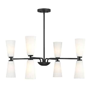 Meridian 32 in. W x 14.5 in. H 8-Light Matte Black Contemporary Chandelier with White Fluted Glass Shades