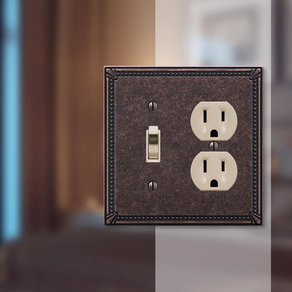 Imperial Bead 2 Gang 1-Toggle and 1-Duplex Metal Wall Plate - Tumbled Aged Bronze