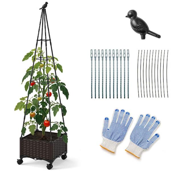 16 in. x 16 in. Brown Plastic Plant Box with Obelisk Garden Trellis Bird Design Lockable Wheels Garden Decor
