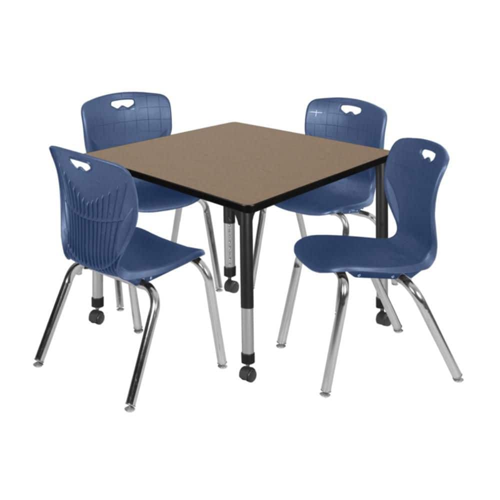 Kee 36 in. Square Noble Oak Mobile Adjustable Classroom Table Desk with Black Base and 4 Andy 18 in. Blue Stack Chairs