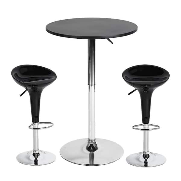 Homy Casa Sakuru Baer 3-Piece Black Metal Frame Wood Table Top ABS Seat Adjustable Height Bar Table Set
