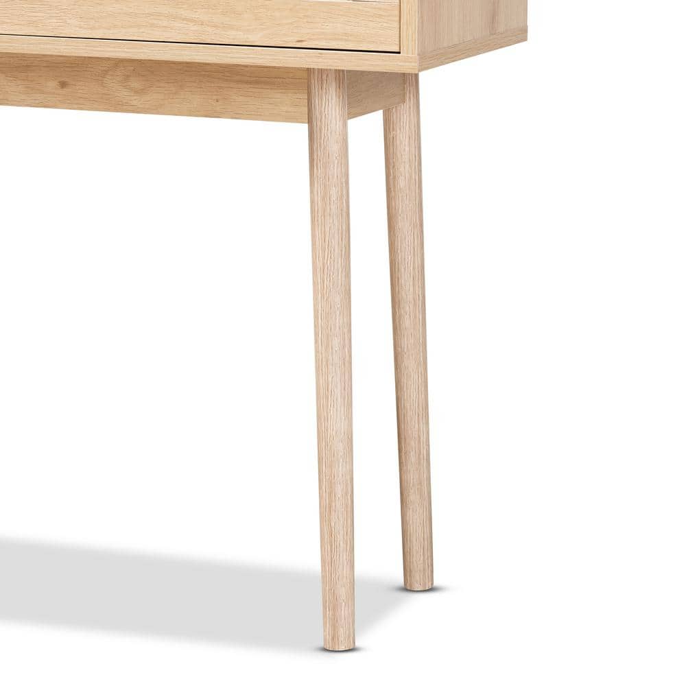 Light Oak Brown Wood and Rattan 2-Drawer Console Table