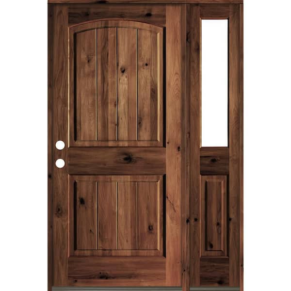 Krosswood Doors 56 in. x 80 in. Rustic Knotty Alder Right-Hand/Inswing Clear Glass Red Mahogany Stain Wood Prehung Front Door with RHSL