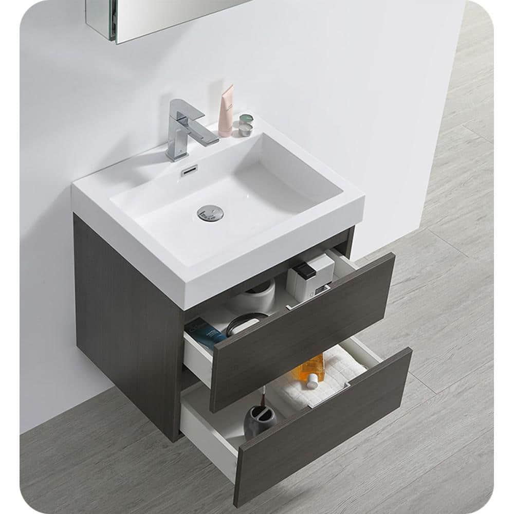 Gray Oak 24" Wall Mount Single Sink Vanity Base with Soft-Closing Drawers