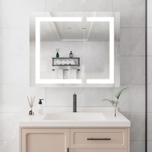 36 in. W x 30 in. H Rectangular Aluminum Recessed or Surface Mount Medicine Cabinet with Mirror and Light, Dimmable
