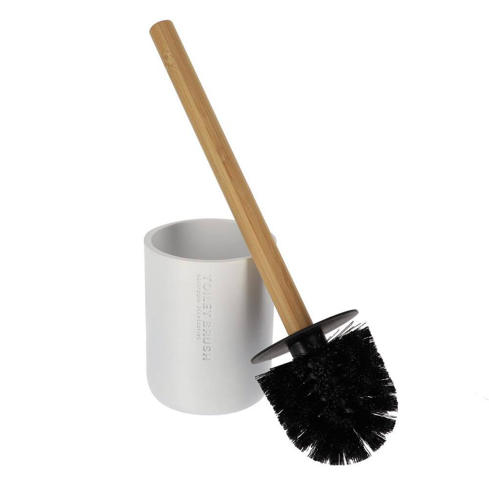 White Polyresin Toilet Brush Set with Bamboo Handle