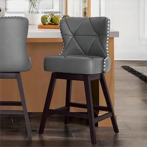 Hampton 26 in. Dark Gray Solid Wood Frame Counter Stool with Back Faux Leather Upholstered Swivel Bar Stool Set of 1