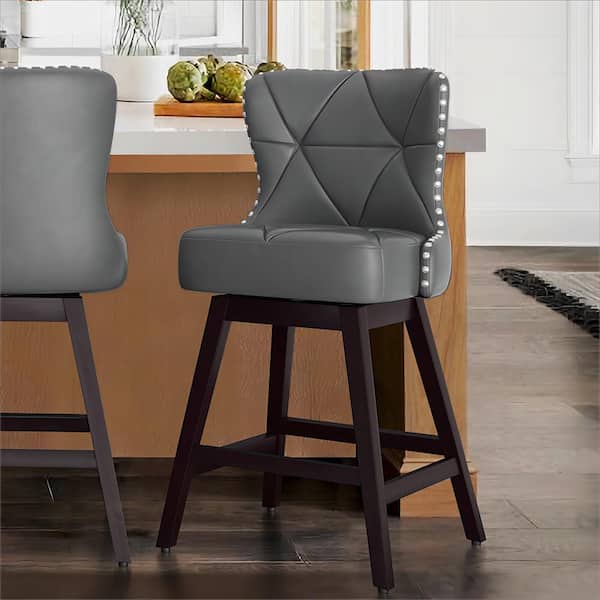OrangeOne Hampton 26 in. Dark Gray Solid Wood Frame Counter Stool with Back Faux Leather Upholstered Swivel Bar Stool Set of 1