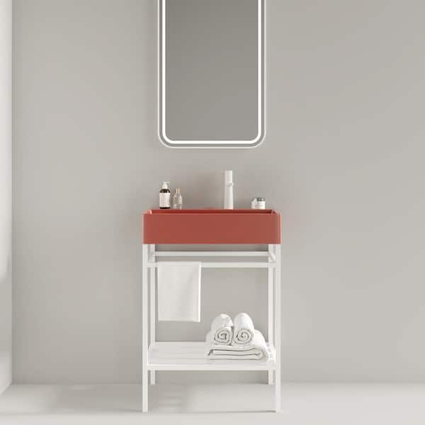 Sarlai 24 in. Red Rectangular Freestanding Ceramic Bathroom Console Sink with White Metal Leg