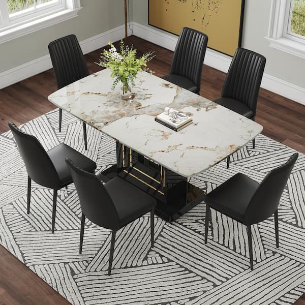 Harper & Bright Designs 7-Piece Rectangular White Faux Marble Top Dining Table Set Seats 6-8 with Convertible Base, 6 Black Upholstered Chairs