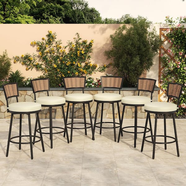 6-Piece Swivel Metal Outdoor Bar Stool Set with Rattan Backrest and Beige Cushions