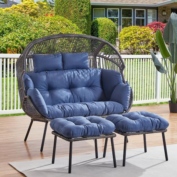 Corina Gray Outdoor Patio Wicker Oversized Stationary Egg Chair Loveseat with Blue Cushions and Ottomans