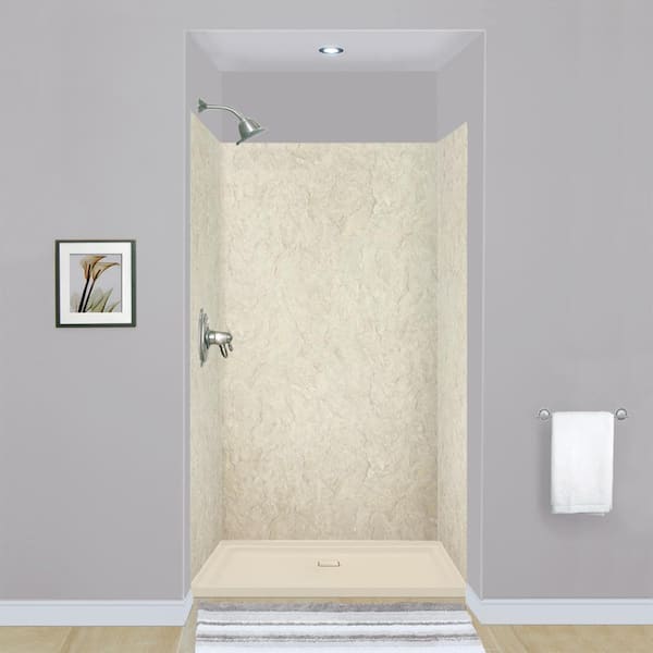 Expressions 36 in. x 48 in. x 72 in. 3-Piece Easy Up Adhesive Alcove Shower Wall Surround in Sea Fog