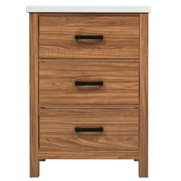 Virubi 24.4 in. W x 18.3 in. D x 32.6 in. H Single Sink Bath Vanity in Natural Wood Color with White Ceramic Top and 3-Drawers