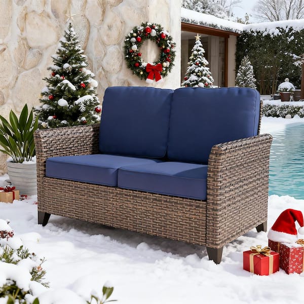 Wicker Outdoor Patio Loveseat 2-Seat Sofa Couch with Blue Cushions