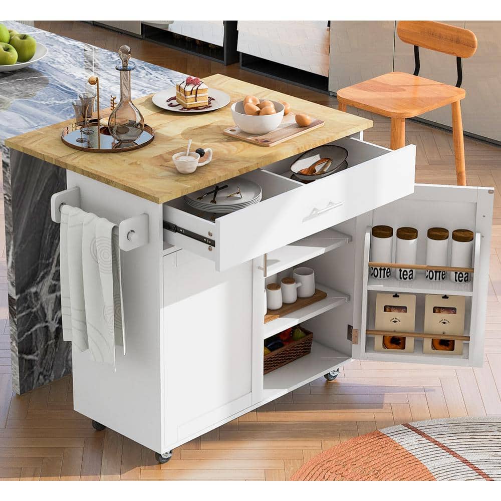 White Rubber Wood Top 39 in. Kitchen Island with Drop Leaf, Cabinet door in