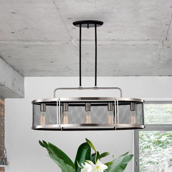 Edvivi 32 in. 5-Light Brushed Nickel and Black Oval Kitchen Island Chandelier with Mesh Drum