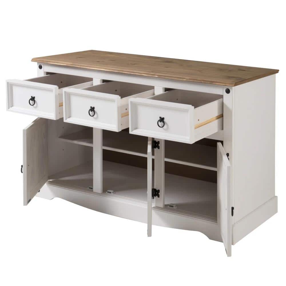 Distressed White Pine Wood Cottage Sideboard with Antique Brown Top