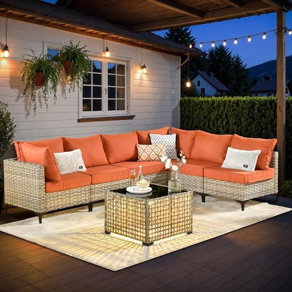 HOOOWOOO Holston 7-Piece Wicker Modern Outdoor Patio Conversation Sofa Sectional Set with a LED Table and Red Cushions