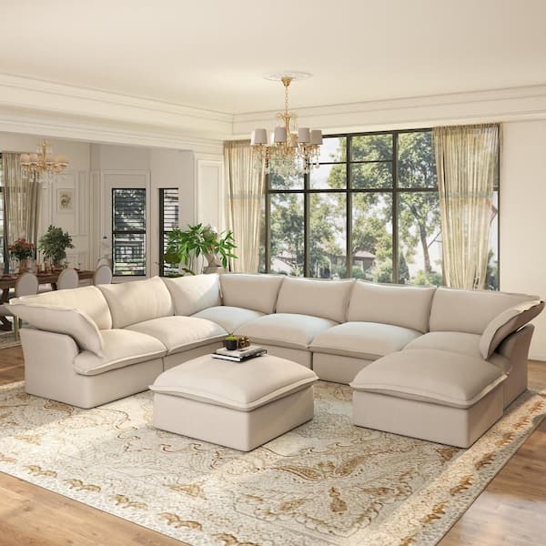 Large 163 in. Flared Arm 8-Piece Linen L-shaped Modular Cloud Sectional Sofa with 2 Ottomans Washable Covers in. Beige