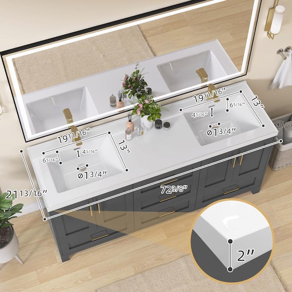 Eclipse 72 in. Freestanding dark Gray Bath Vanity with White Solid Surface Double Sinks Top Solid Wood Cabinet Assembled