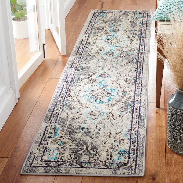 Madison Grey/Light Blue 2 ft. x 8 ft. Border Floral Oriental Runner Rug
