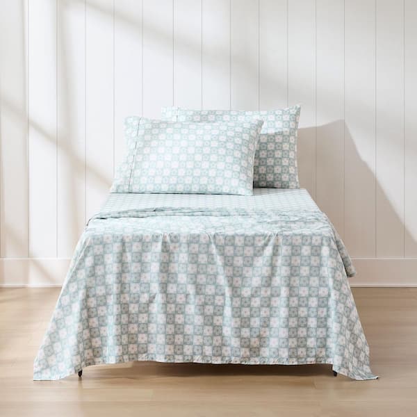 Daisy Checkered 4-Piece Set Aqua Floral Microfiber Twin-XL Sheet Set