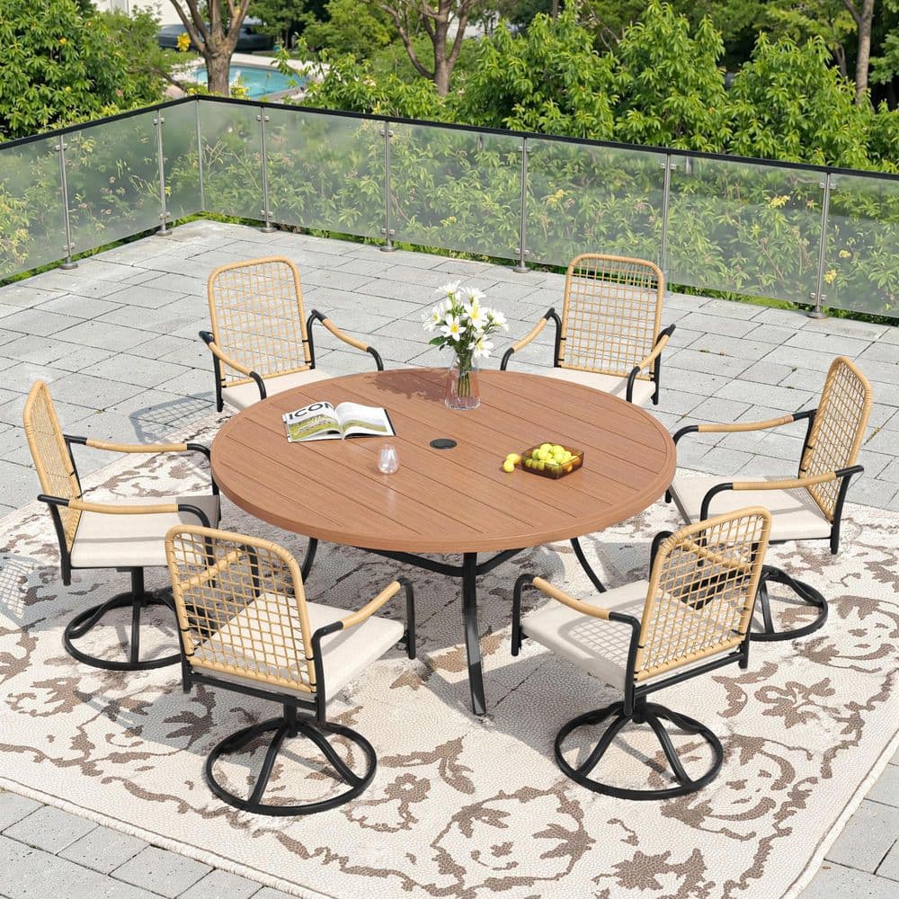 7-Piece Metal Outdoor Dining Set with 50 in. Walnut Round Table and 6 Swivel Wicker Chairs with Beige Cushions price history on PriceWatchPro