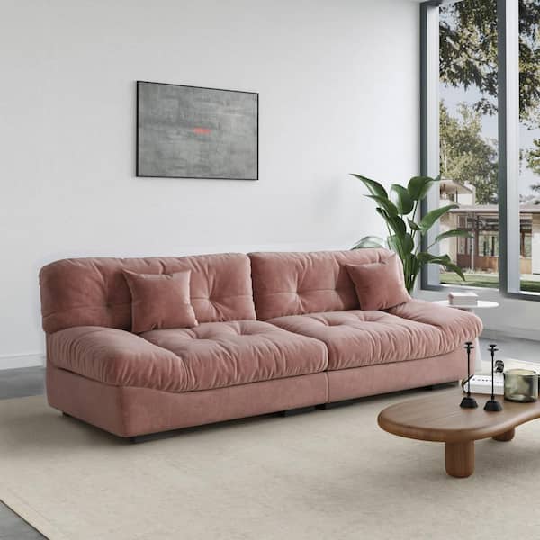 J&E Home 105 in. Square Arm Frosted Velvet Tufted 3-Seater Modern Rectangle Sofa in Pink