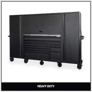 62 in. x W 24 in. D HD 10-Drwer Mobile Workbench with SS Top Combination Hutch and 2 Tall Side Locker in Matte Black