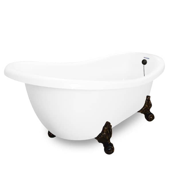 American Bath Factory 67 in. Acrylic Slipper Clawfoot Non-Whirlpool Bathtub in White w/ Large Ball and Claw Feet in Old World Bronze