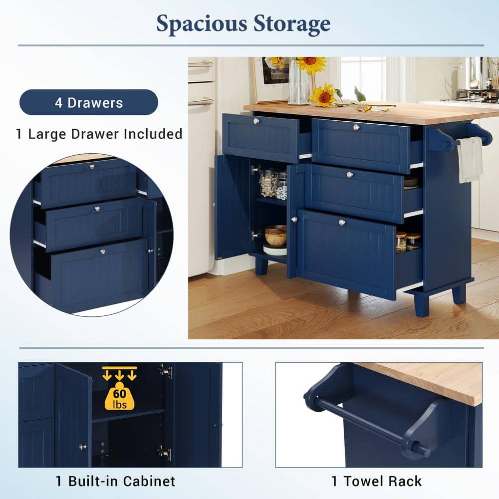 Blue Rubber Wood Drop Leaf Kitchen Island Set with Stools