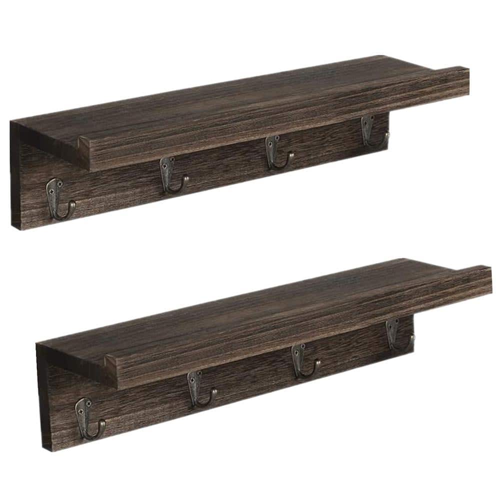 Oumilen Espresso Rustic Wood Coat Rack Wall Mount Shelf with 4-Hooks Hooks (Set of 2)