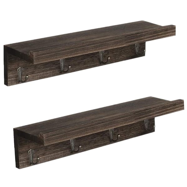 Oumilen Espresso Rustic Wood Coat Rack Wall Mount Shelf with 4-Hooks Hooks (Set of 2)