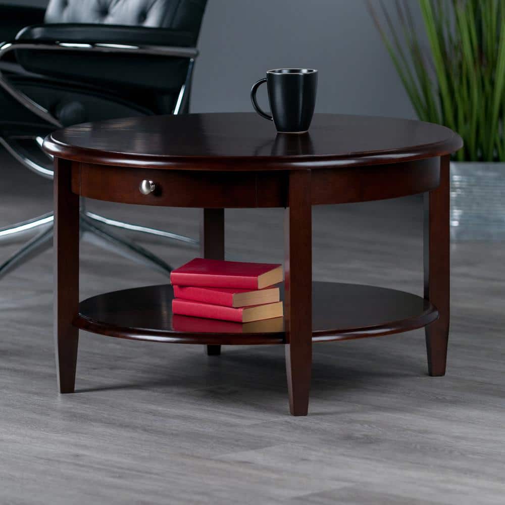 Transitional Antique Walnut Round Outdoor Coffee Table with Storage