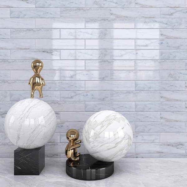 Natural Castro White 1.89 in. x 7.8 in. Subway Polished Marble Wall and Floor Tile (50 pieces / 5.12 sq. ft./Case)