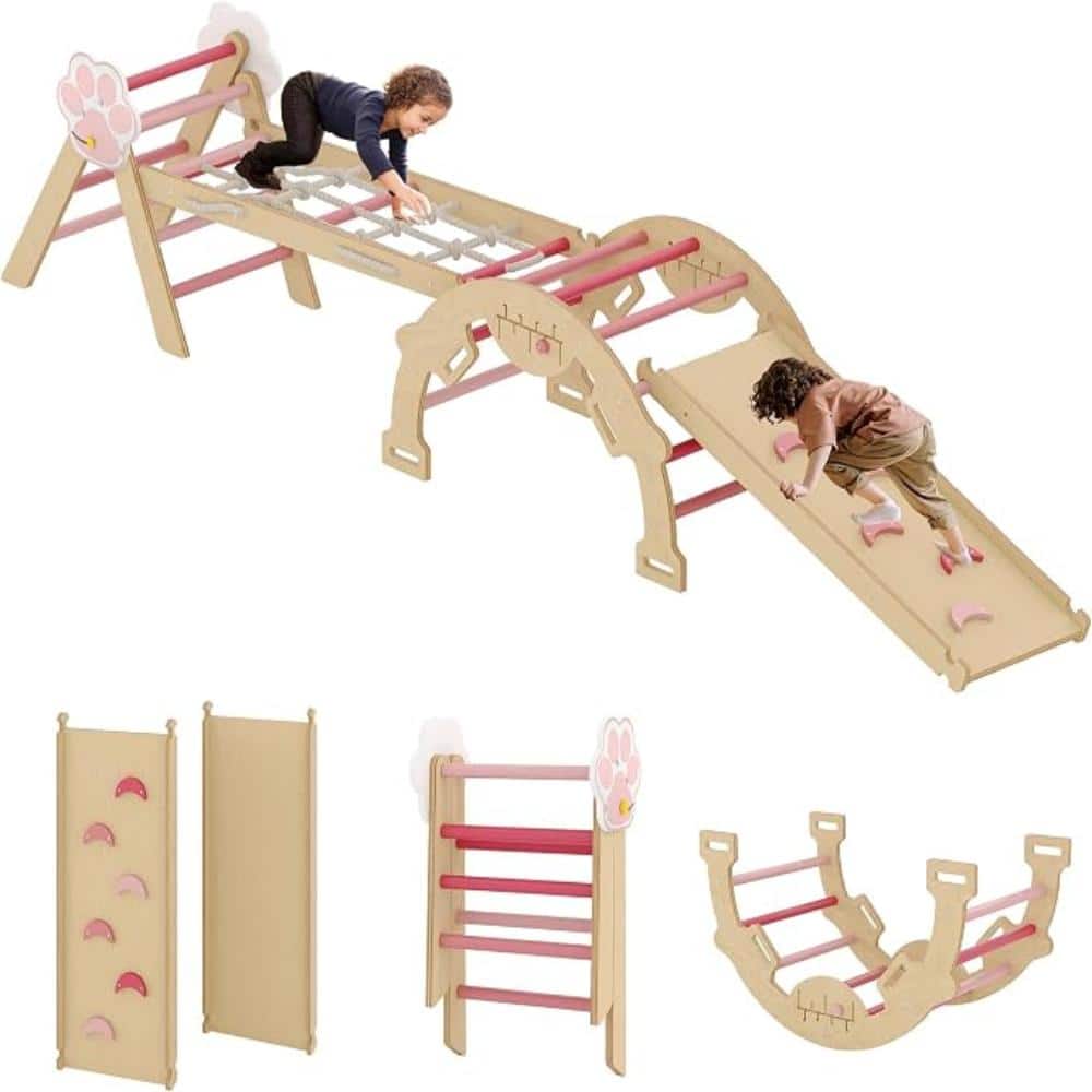 Wooden Pikler Triangle Set, Toddler Climbing Toys Indoor Gym with Ramp, Arch & Ladder for Kids 1-3, Pink