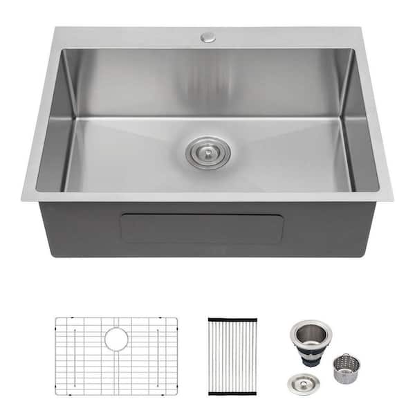 16 Guage Stainless Steel 28 in. Single Bowl Round Corner Drop-In Kitchen Sink with Strainer and Bottom Grid