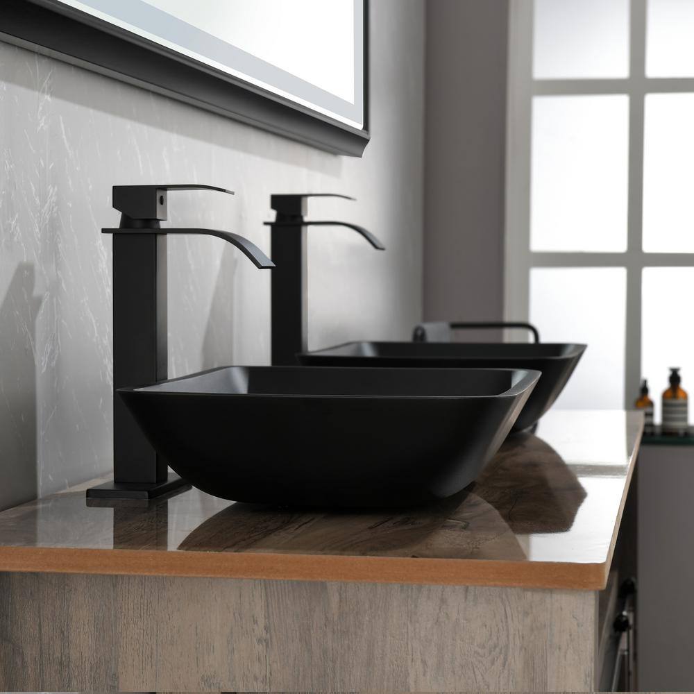 Matte Black Rectangular Glass Vessel Sink with Faucet
