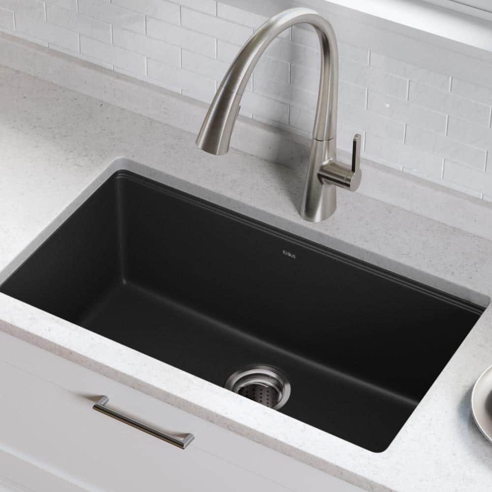 Black Onyx Granite 31-Inch Undermount Single Bowl Kitchen Sink with WasteGuard