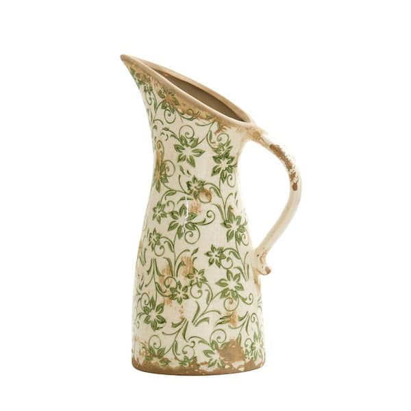 Nearly Natural 10 in. Green Tuscan Ceramic Scroll Pitcher Vase
