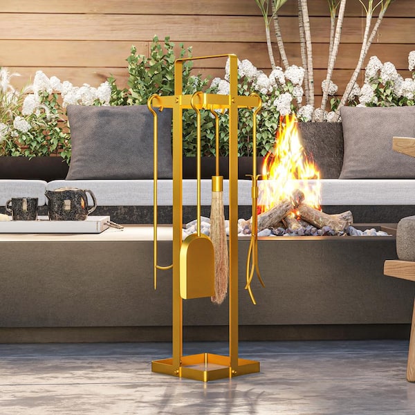 Amucolo Indoor Outdoor 5-Piece Heavy Duty Gold Metal Fireplace